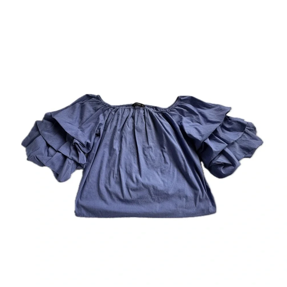 ZARA Off-The-Shoulder Puff Sleeve Blouse  Women’s Large Blue & White Striped Top